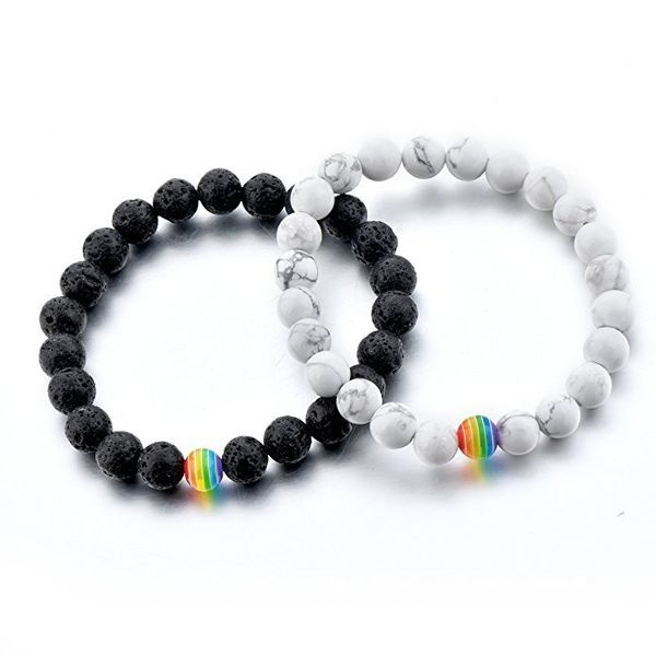 

relationship bracelet 2 pieces white howlite, black lava rock, rainbow resin oil diffuser beads gay couples strong cord handmade, Golden;silver