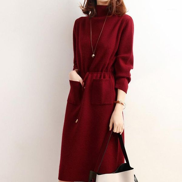 

casual dresses dress women's autumn and winter korean style thickened temperament high neck knitted bottoming derss mid-length, Black;gray