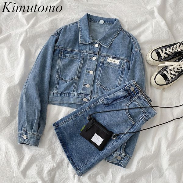 Kimutomo Preppy Style Jeans Suit Primavera coreano corto Top monopetto a maniche lunghe + Minigonna a trapezio a vita alta 210521