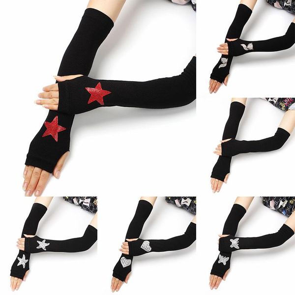 

five fingers gloves female warm knit half finger touch screen skull rhinestone long thin fingerless driving mittens solid arm covers, Blue;gray