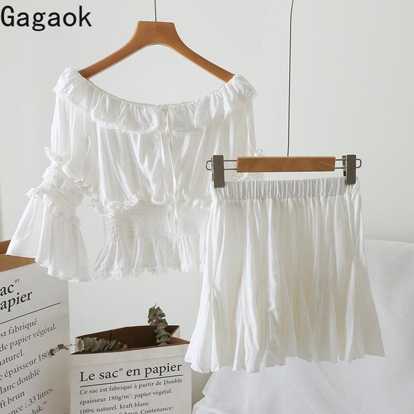 

two piece dress gagaok women set spring autumn solid flare sleeve slash neck mini navel slim female fashion sets top, White