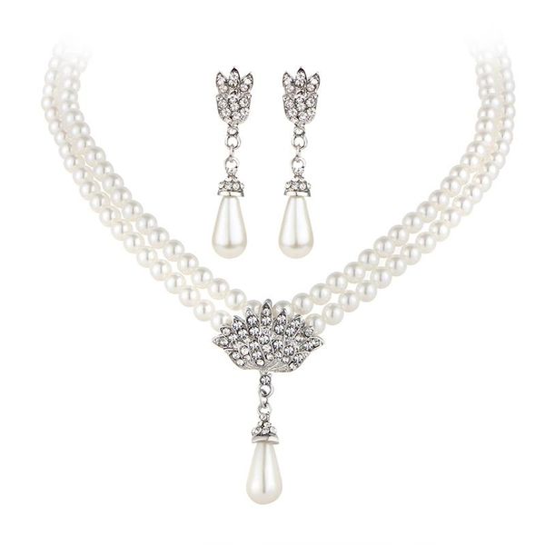 

earrings & necklace women jewelry set imitation pearl crystal drop bridal wedding accessories ll@17, Silver
