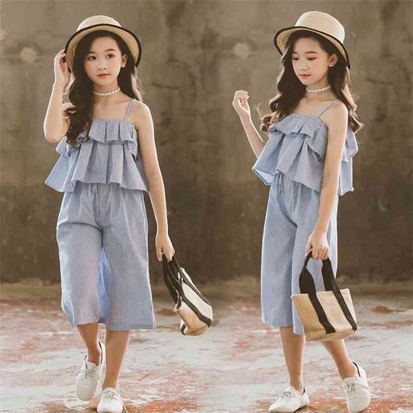 

summer girls dress cute strap ruffles wide leg pants vestidos 3-12t 210629, White
