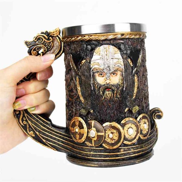 Drakkar Viking Caneca Caneca 304 Aço Inoxidável Inserir Resina Nordic Deus Odin Café Cerveja Canecas Cup Halloween Aniversário Presente 600ml 210804