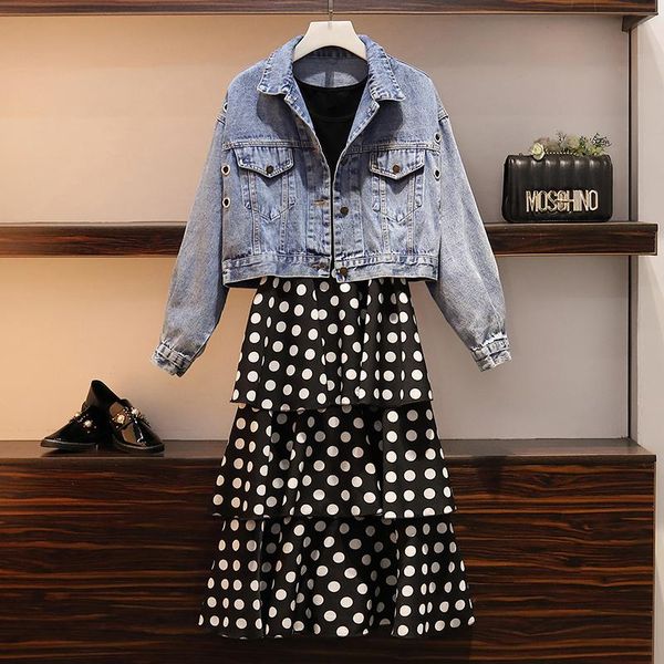 

two piece dress large size l -5xl 2021 spring net red wild denim jacket + fashion two-piece suit, White