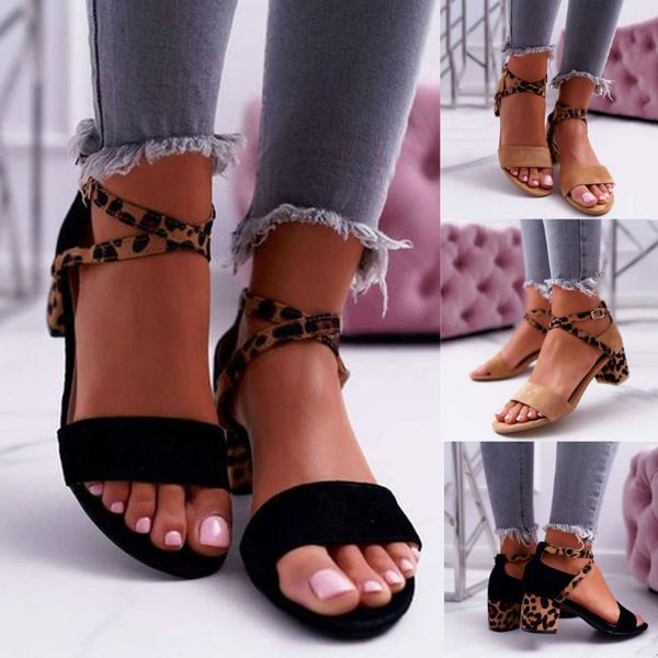 

dress shoes women sandals ladies 2021 summer buckle strap square heels open toe breathable fashion beach soft plus size c140#, Black