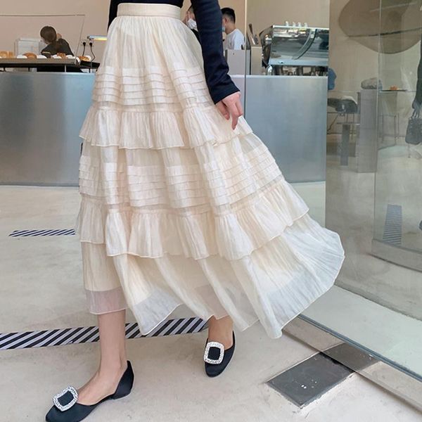 

skirts qiukichonson gauze midi long womens layered skirt 2021 lolita spring summer high waisted ruched ruffle rok, Black