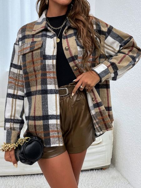 

plaid flap pocket drop shoulder overcoat j9yo#, Black