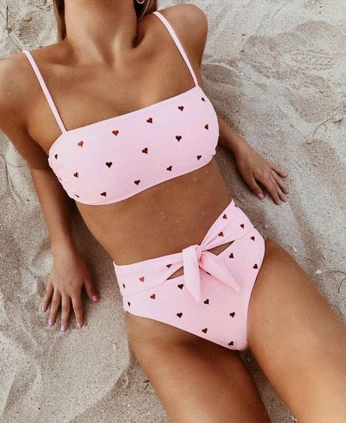 

bikinis set 2021 summer fashion women heart printed strappy bikini sets padded bra swimwear beachwear swimsuit pink yellow white biquini