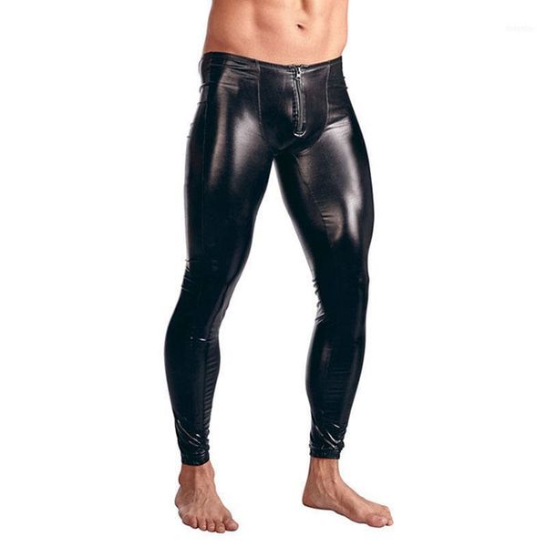 Calças masculinas Moda Mens Black Faux Leather Stretch Stretch Zip Up Leggings Homens Sexy Clubwear Bodywear Calças Gay Fina Pants1