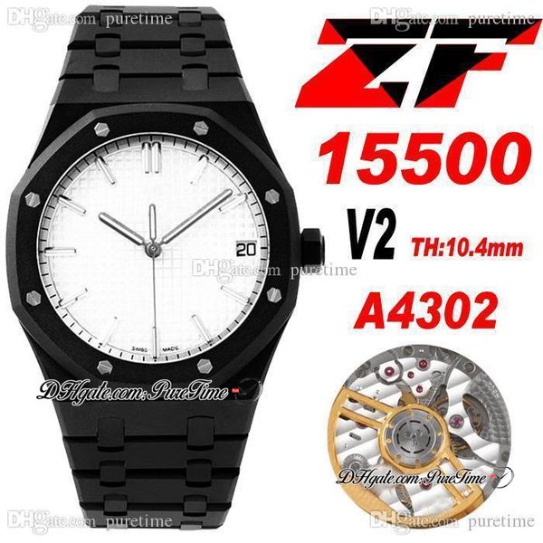 ZF V2 Extra-Thin CAL A4302 Automatik-Herrenuhr 41 mm DLC All Black White Textured Dial Edelstahlarmband Super Edition Uhren Schweizer Zeigerset PTPA Puretime C3