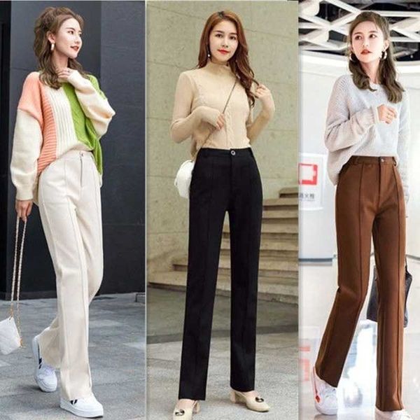 

women's jeans woolen pants autumn and winter high waist stitching straight loose casual wide-legged office lady suit kx66, Blue