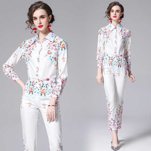 

spring fashion designer 2 piece set women elegant office ol lady flower print blouse + pencil pants outfits 210526, White