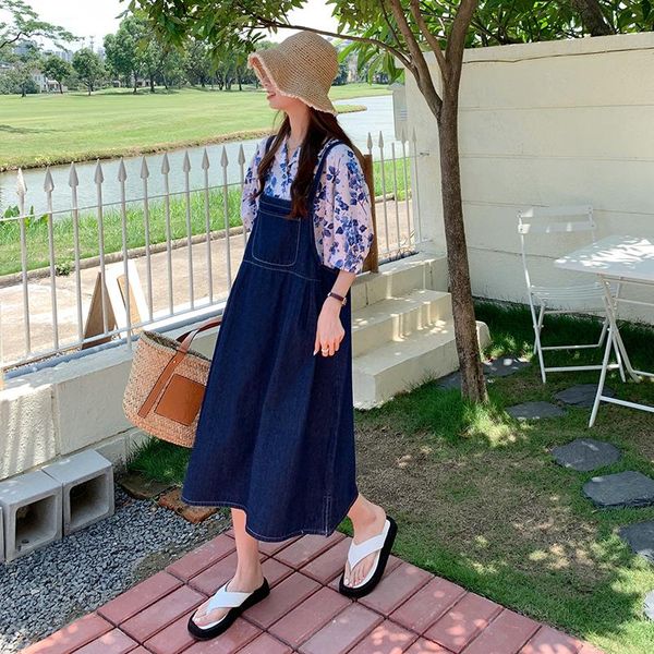 

casual dresses sml summer women long jeans dress 2021 holiday style elegant spaghetti strap loose split denim womens (78692), Black;gray