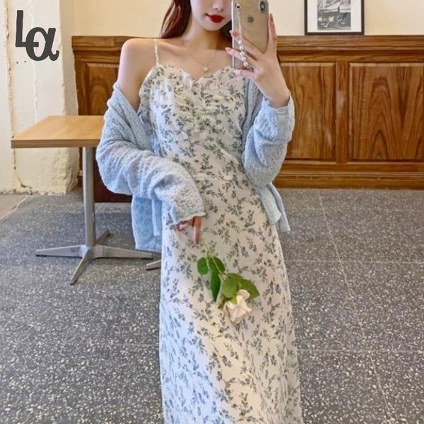 

french elegant strap dresses women vintage v-neck chiffon floral midi casual holiday fairy dress summer 210519, Black;gray