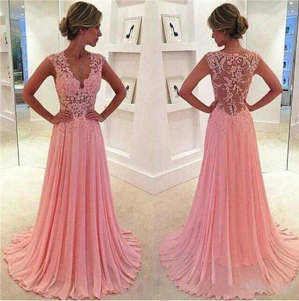 

vintage sweety blush pink a line chiffon evening prom dresses lace appliques plunging v neck sheer cap sleeves girls party, Black;red