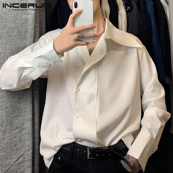 

men's casual shirts incerun vintage solid color men long sleeve satin silk dress shirt lapel neck blouse man loose buttons camis ns42, White;black