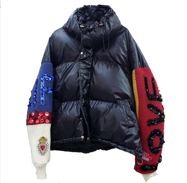 

new winter diamond european sequins letters knitted sleeve stitched warm down cotton jacket women thick parka coat outwear, Black