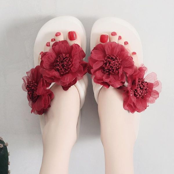 

slippers women summer flowers wild ankle beach round toe fashion sewing height heel wedges thick bottom flip flops fenty beauty, Black