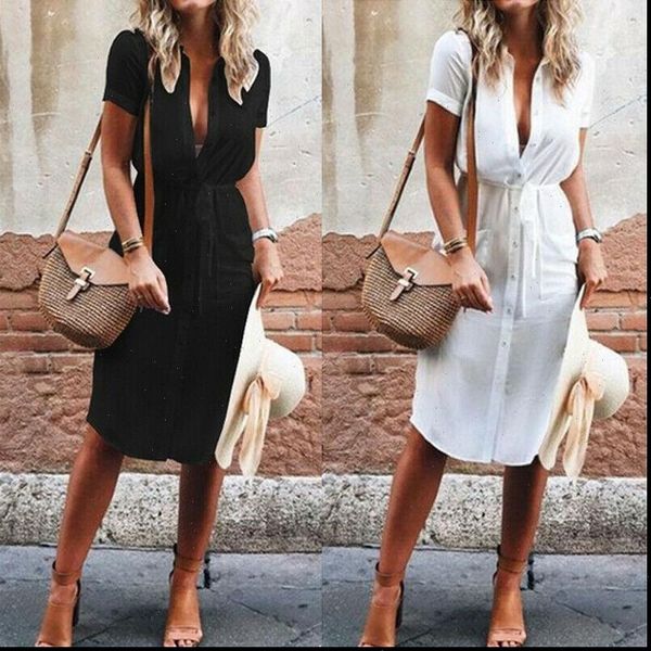 

fashion short sleeve v neck womens dress summer casual loose long buttons shirt tea plus size s 2xl, Black;gray