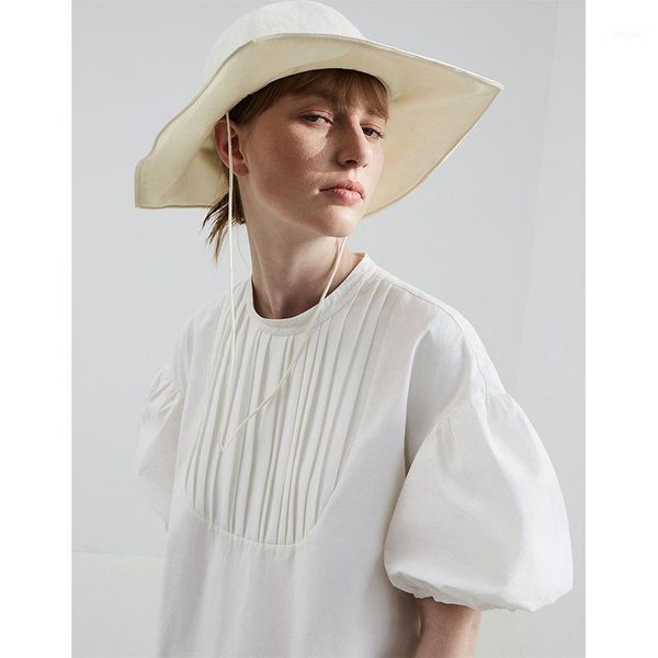 

two piece dress insis * emme2021 summer temperament bubble sleeve medium length women's loose pleated slim, White