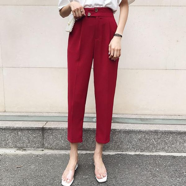 

chic button high waist suit pant women office lady spring ankle-length pants female korean style slim solid harem trousers women's & ca, Black;white