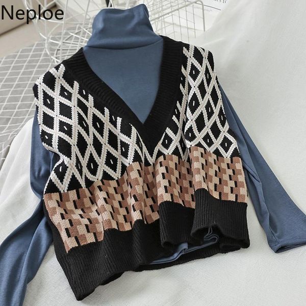 

two piece dress neploe autumn winter outwear sweater 2 pcs women set v neck contrast color plaid vest + solid turtleneck pullover 48121, White
