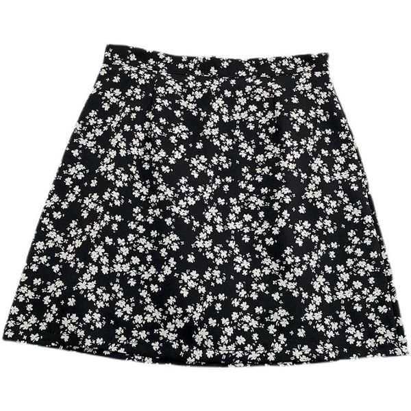 

skirts summer style korean fashion retro black floral anti-glare a-line high waist skirt women