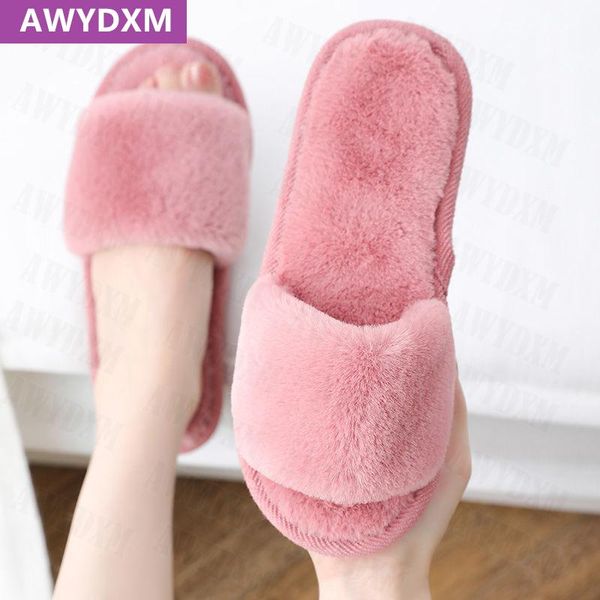 

slippers 2021 luxury winter women home cotton shoes warm fur sweet fashion flats soft plush shallow slides casual flip flops, Black