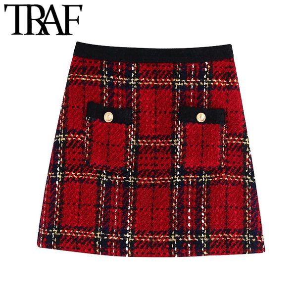 

traf women chic fashion with pockets tweed check mini skirt vintage high waist back zipper female skirts mujer 210415, Black