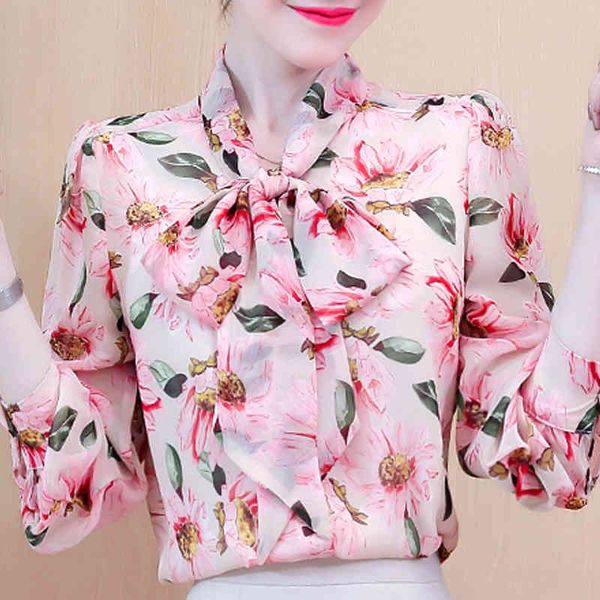 

blouse women bow v-neck pink print chiffon blouse shirt women long sleeve women blouses shirts blusas mujer blusa d468 210426, White
