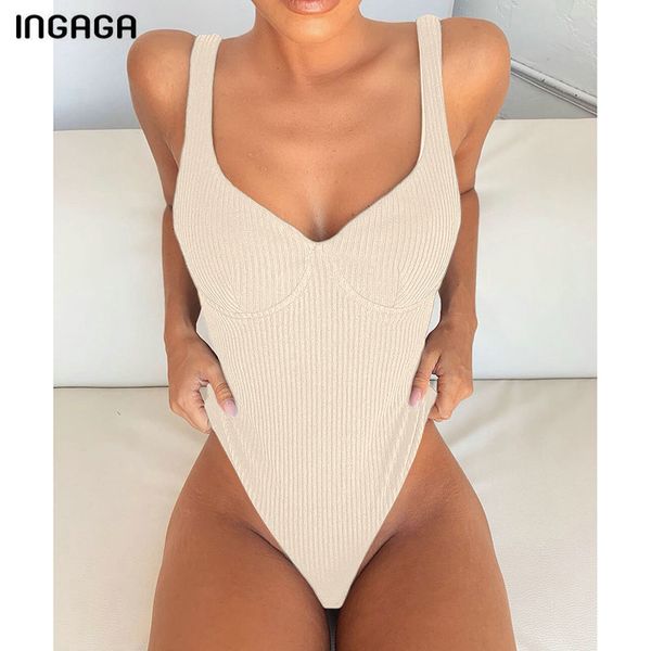 Ingaga Push Up One Piece Swimsuit Sexy High Cut Swimwear Frauen Schwarz Bodysuits Sommer Gepolsterte Badeanzug Frauen Badeanzug Wear 210407