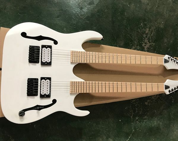 Factory Custom 6 + 6 Строки Белое тело Двойное шею Электрическая гитара с черным оборудованием, полупалым корпусом, предоставляют индивидуальные услуги