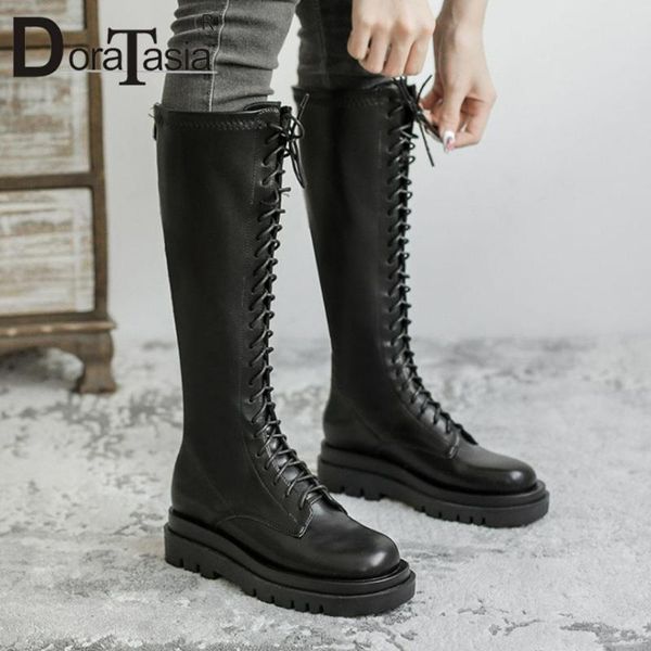

boots doratasia female platform motorcycle fashion zip lace-up chunky heels women 2021 casual confy shoes woman, Black