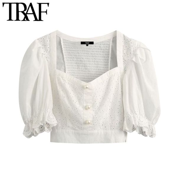 

traf women fashion hollow out embroidery cropped blouses vintage puff sleeve pearl buttons female shirts chic 210415, White