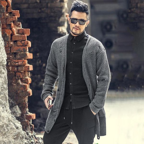 

men's sweaters spring thickened hole long cardigan sweater wool coat loose j6008, White;black