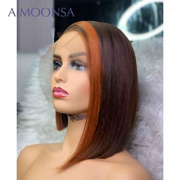 

short bob human hair wigs brown and blonde highlight straight lace front colored pixie cut wig t part 130% remy1, Black;brown