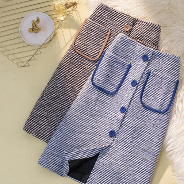 

plus size 4xlautumn winter plaid women skirt woolen single breasted high waist a line, Black