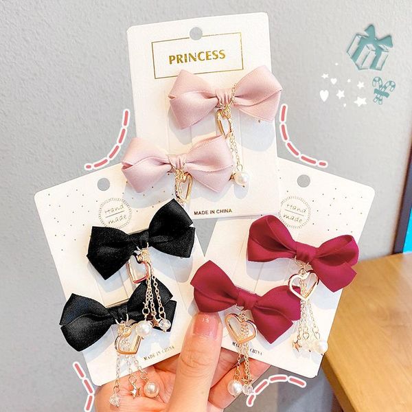 

hair accessories 2pcs bowknot girls clips pure color fabric love pendant hairpins sweet headwear barrette for women fashion, Slivery;white