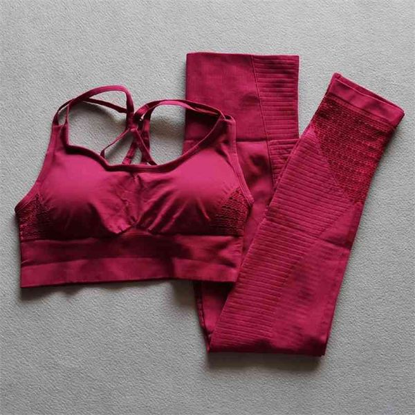 2 pcs vermelho Sexy Sports Set Seamless Yoga Set Mulheres Fitness roupas Wear Mulher Gym Leggings Push-up Strappy Bra 210802