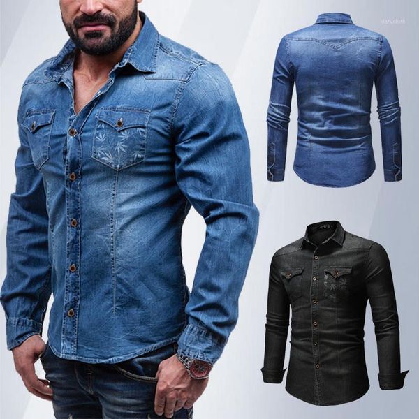

men's casual shirts style denim shirt long-sleeved high-quality printed cotton breathable, White;black