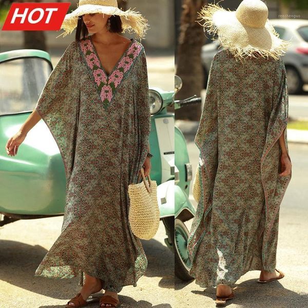 

print v neck bohemian women dress bikini cover up sarong tunic for beach kaftan kimono beachwear pareos de playa mujer women's swimwear, White;black