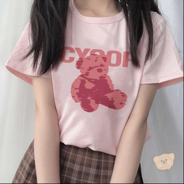 

summer cute bear cartoon pink women t shirts sweet e girls japan streetwear harajuku fun kawaii casual ulzzang vintage, White