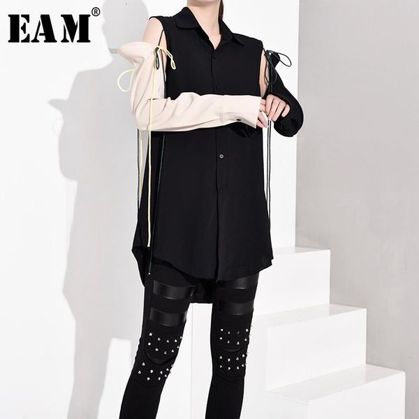 

women's blouses & shirts [eam] women contrast color bandage hollow out blouse lapel long sleeve loose fit shirt fashion spring autumn 2, White