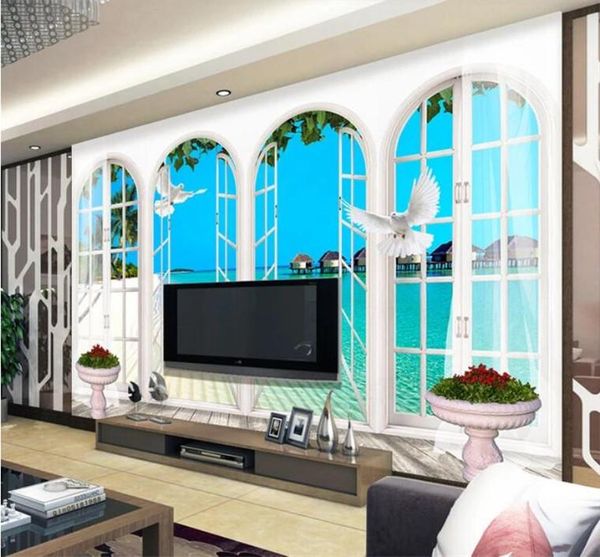 

wallpapers custom po wallpaper 3d mural sea view roman column landscape tv set wall balcony window home decoration