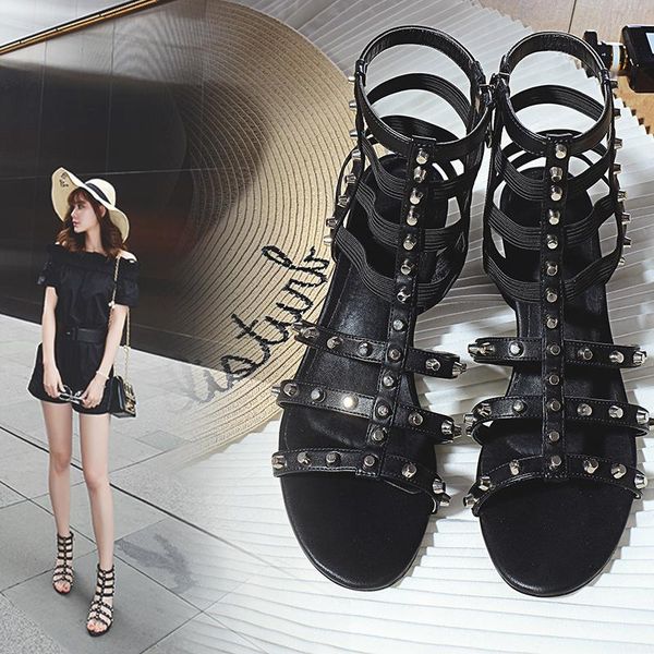 

summer women's shoes fashion rivets roman sandals thick with open toe high heels punk shoes., Black