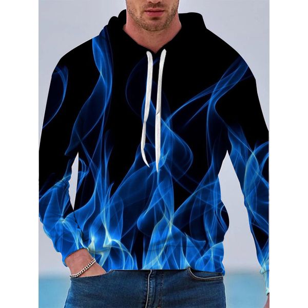 

blue flame pattern men's 3d printing hoodie visual impact party punk goth round neck american sweater hoodie, Black