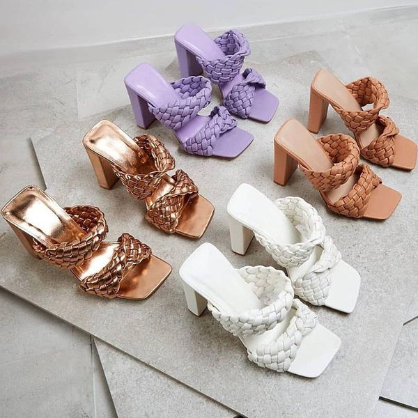 

dress shoes leather braided high heel sandals women runway party woman cross wove folds mules thin slippers, Black