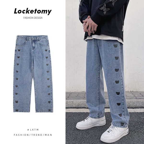 

summer 2021 spring and new style japanese korean cartoon print denim male high street trend hip-hop loose right pipes broek, Blue