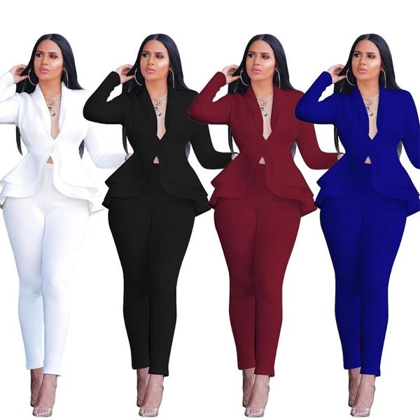 

women's suits & blazers fashion women long sleeve ruffles jacket +pencil pant two piece set slim office tracksuit outfits business unif, White;black